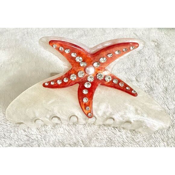 Mermaid orange and white starfish hair claw with rhinestone and pearl embellish - Picture 1 of 3